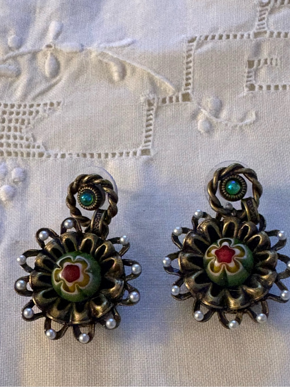 Vintage Floral Enamel Drop Earrings in Green and Red Murano Millefiori Flower - Picture 6 of 6